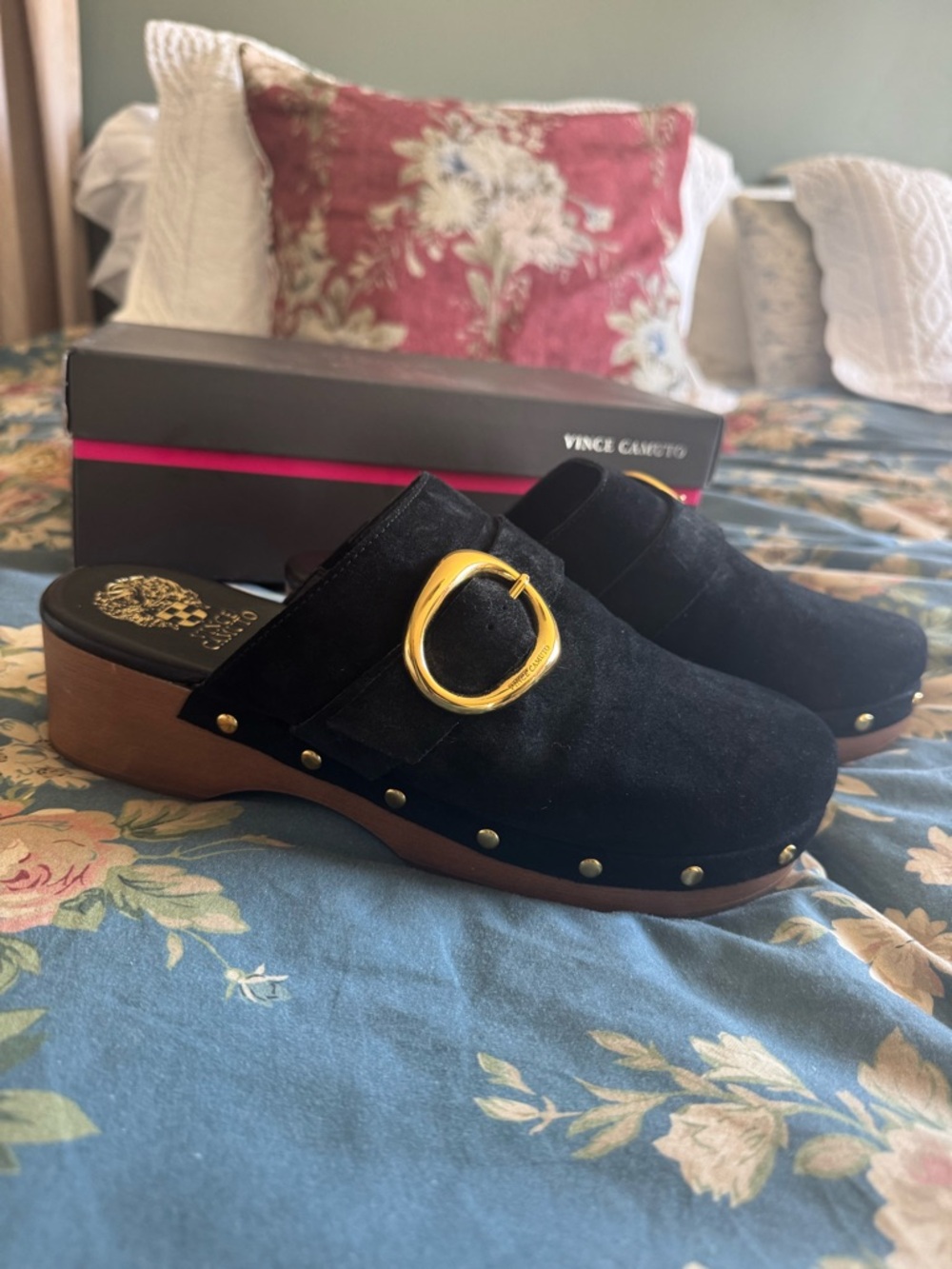 Vince Camuto Black Suede Buckle Clog Mules with Gold Accent